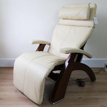 Perfect Chair Electric Zero Gravity Recliner, Ivory Leather w/ Walnut Base - Showroom Model - Human Touch - Back2
